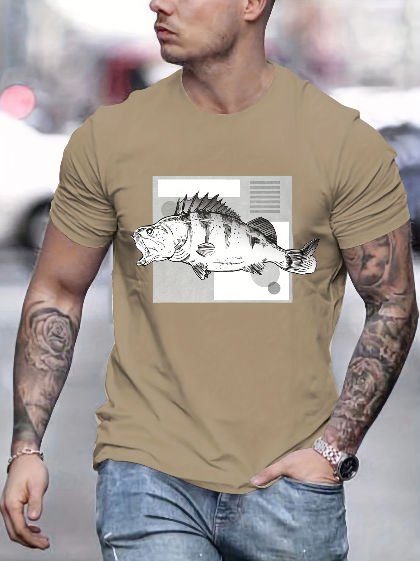 Solid Crew Neck Cotton T-Shirt, Men's Outdoor Summer Stylish Fish Pattern Print Comfy Graphic Tee Clothes Clothing Gift for Men Tops,Casual,Temu