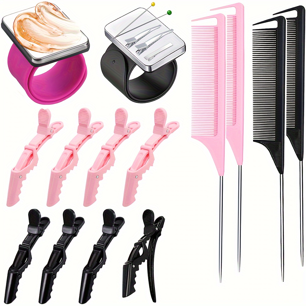 22 Pieces Magnetic Wrist Sewing Pincushion Hair Braiding Tools Pin  Wristband Stainless Steel Pintail Rat Tail Comb Wide Teeth Alligator  Sectioning Hair Clip Hair Parting Ring Tool for Hair (Pink)