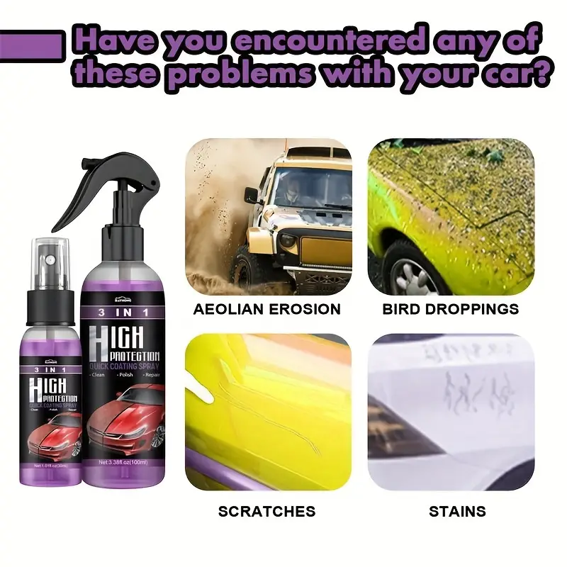 3 in 1 Ceramic Car Coating Spray, 3 in 1 High Protection Quick Car Coating  Spray, Plastic Parts Refurbish Agent, Fast-Acting Coating Spray,Waterless