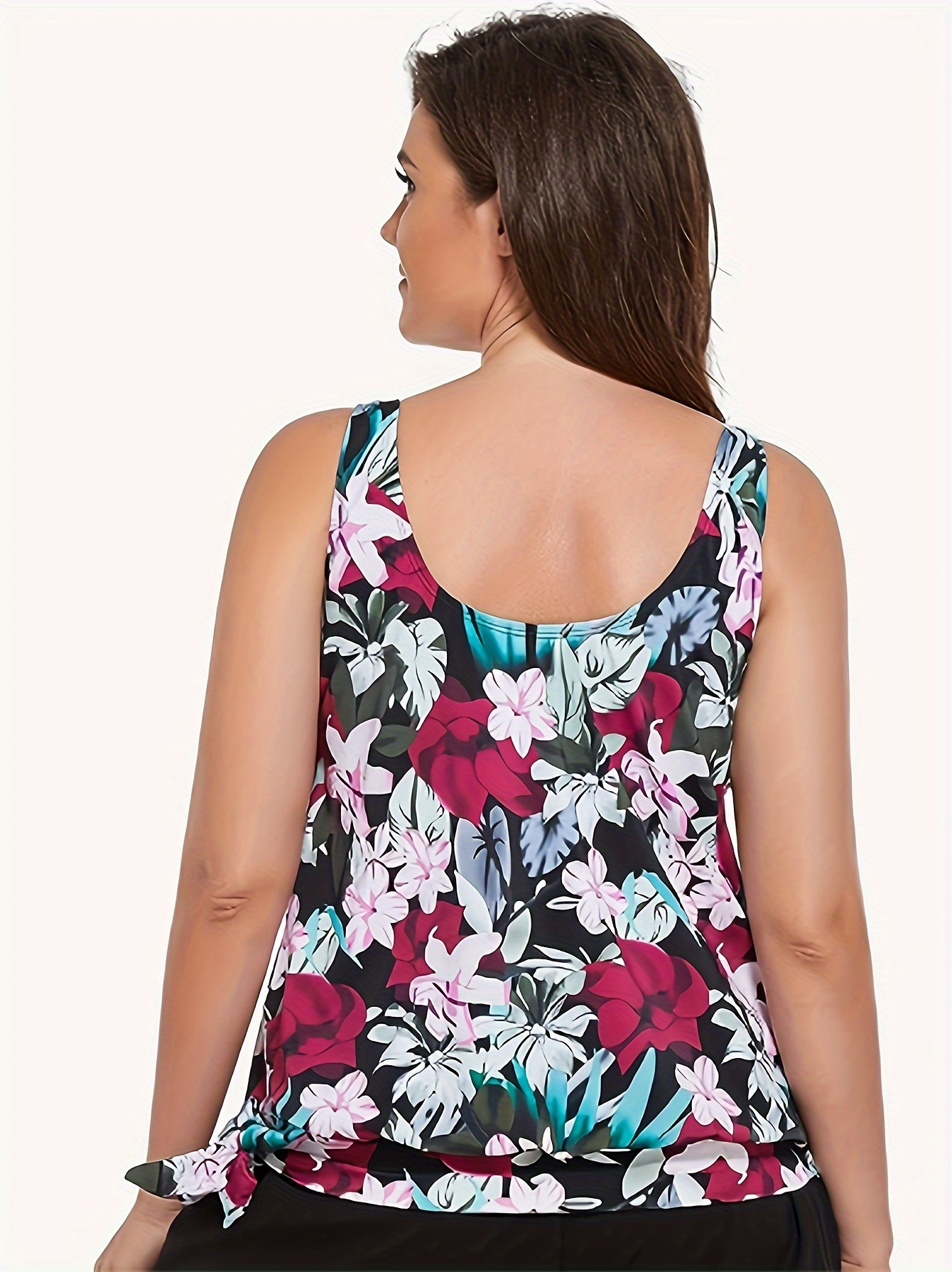 Plus Size Casual Tankini Top, Women's Plus Geometric Print Round Neck  Slight Stretch Tank Top