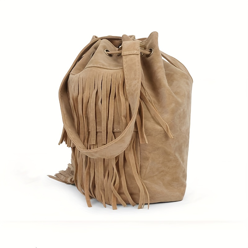 Tassel Decor Soft Crossbody Bag Drawstring Bucket Bag