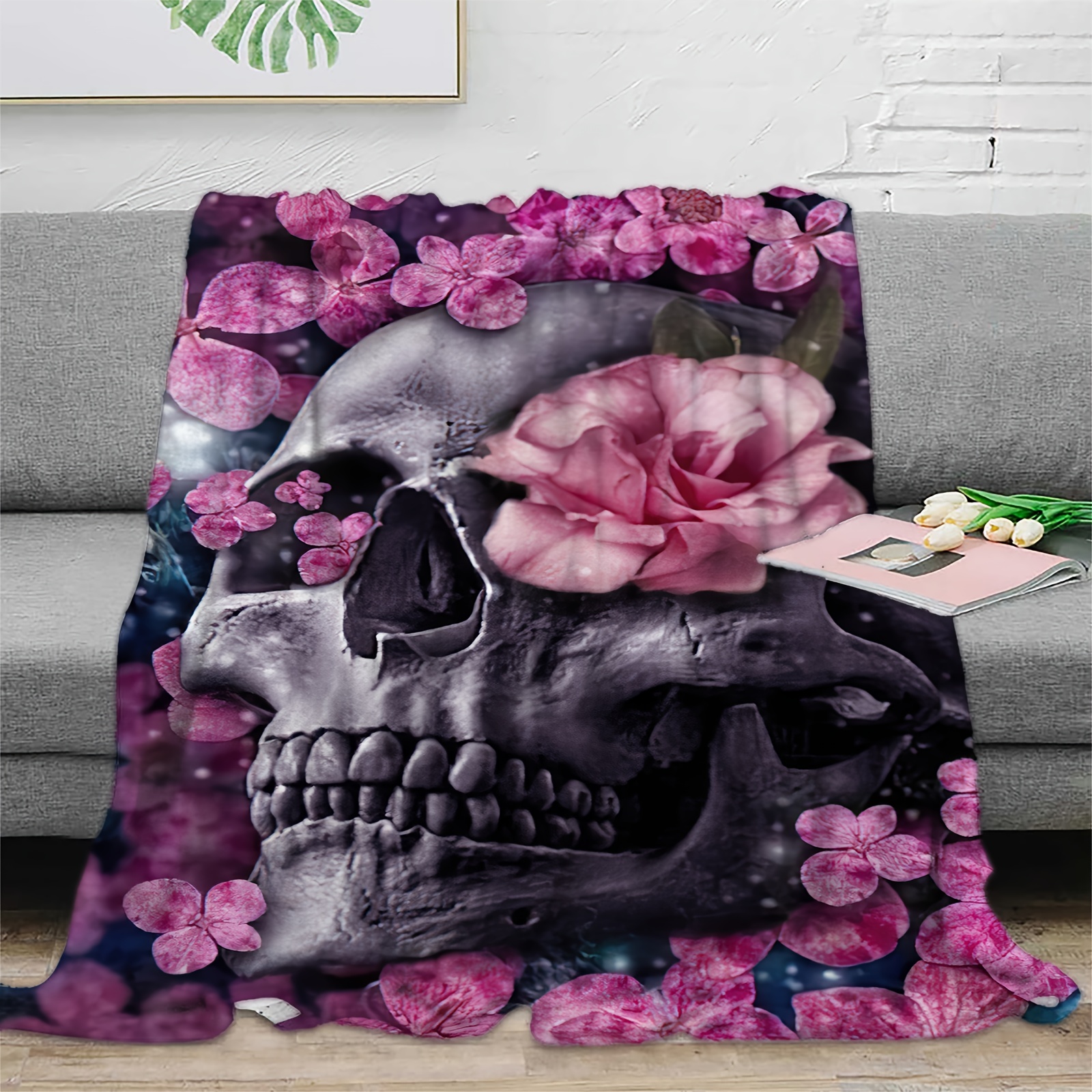 Throw Blanket- Halloween Spooky Skull Flowers Soft Warm Plush