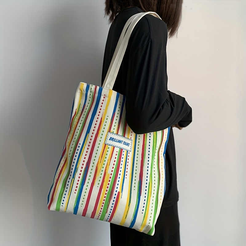 New Fashion Striped Contrast Color Handbag Large Capacity Canvas Tote Bag