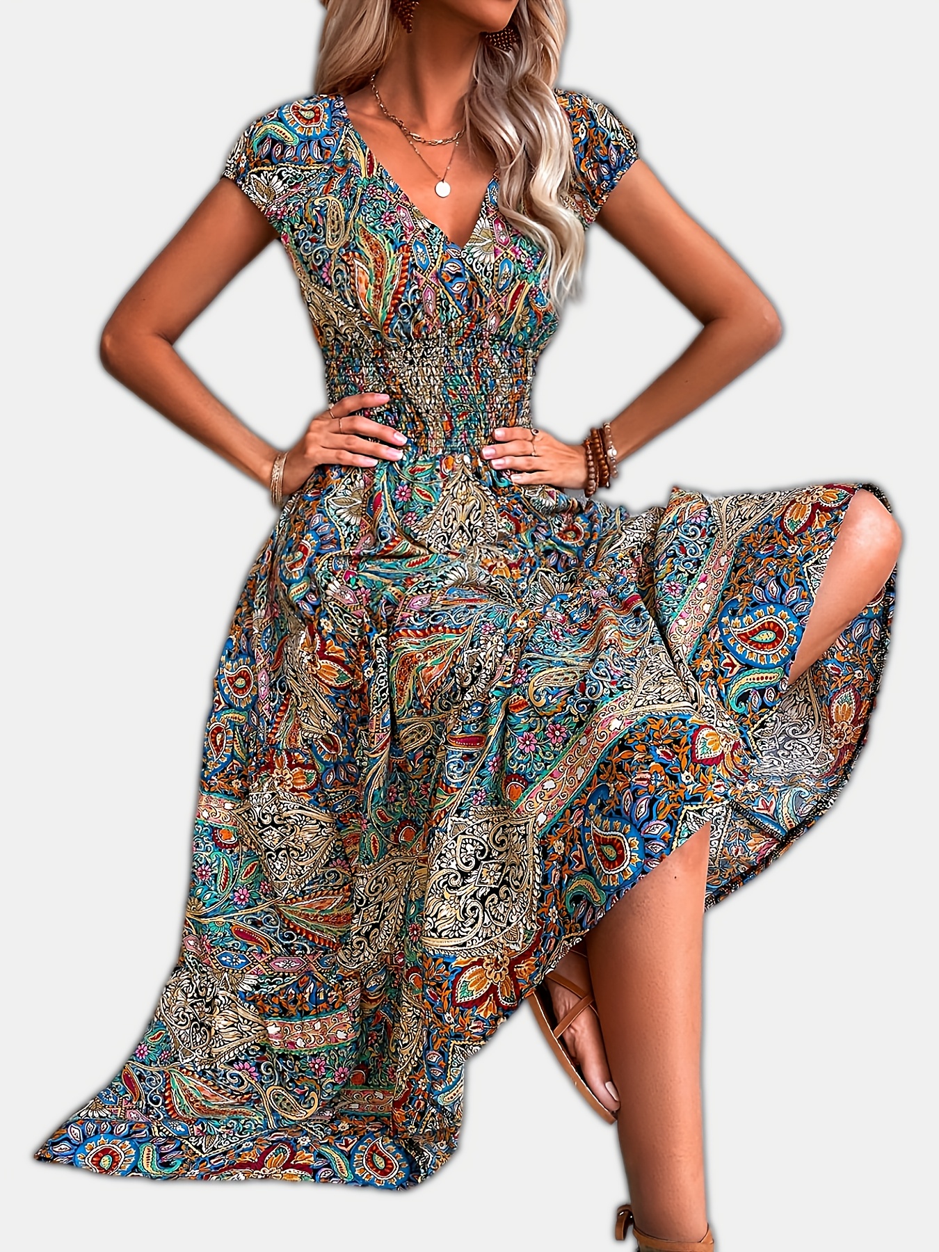 Boho Long Dress for Women Fashion V Neck Short Sleeve Paisley Print Dr –  Ukrainianshop