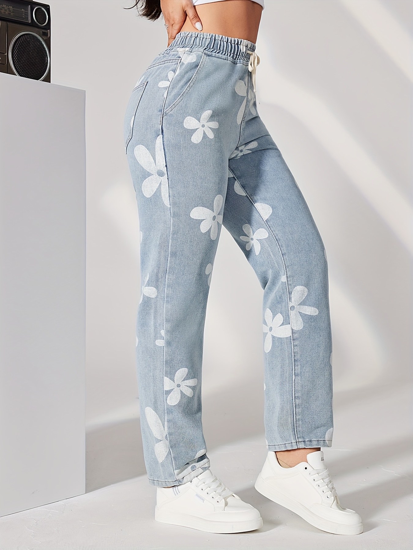  Jeans para mujer - Jeans rectos con estampado floral de cintura  alta (color lavado ligero, talla: XS) : Ropa, Zapatos y Joyería