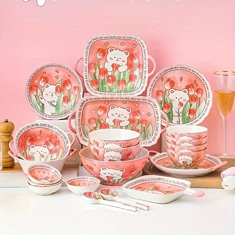 Juego de platos de porcelana rosa, vajilla de cerámica para cocina