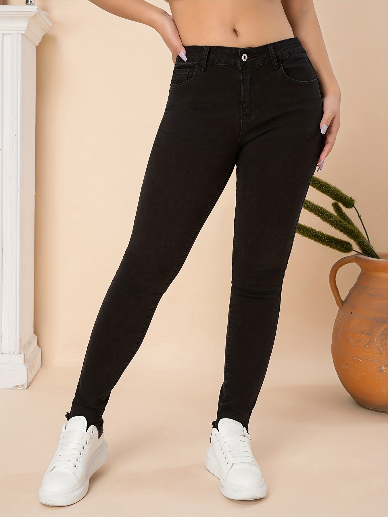 High * * Hem Black Color Skinny Jeans, High Stretchy High Waist Plain  Design Distressed Denim Pants, Women's Denim Jeans, Women's Clothing
