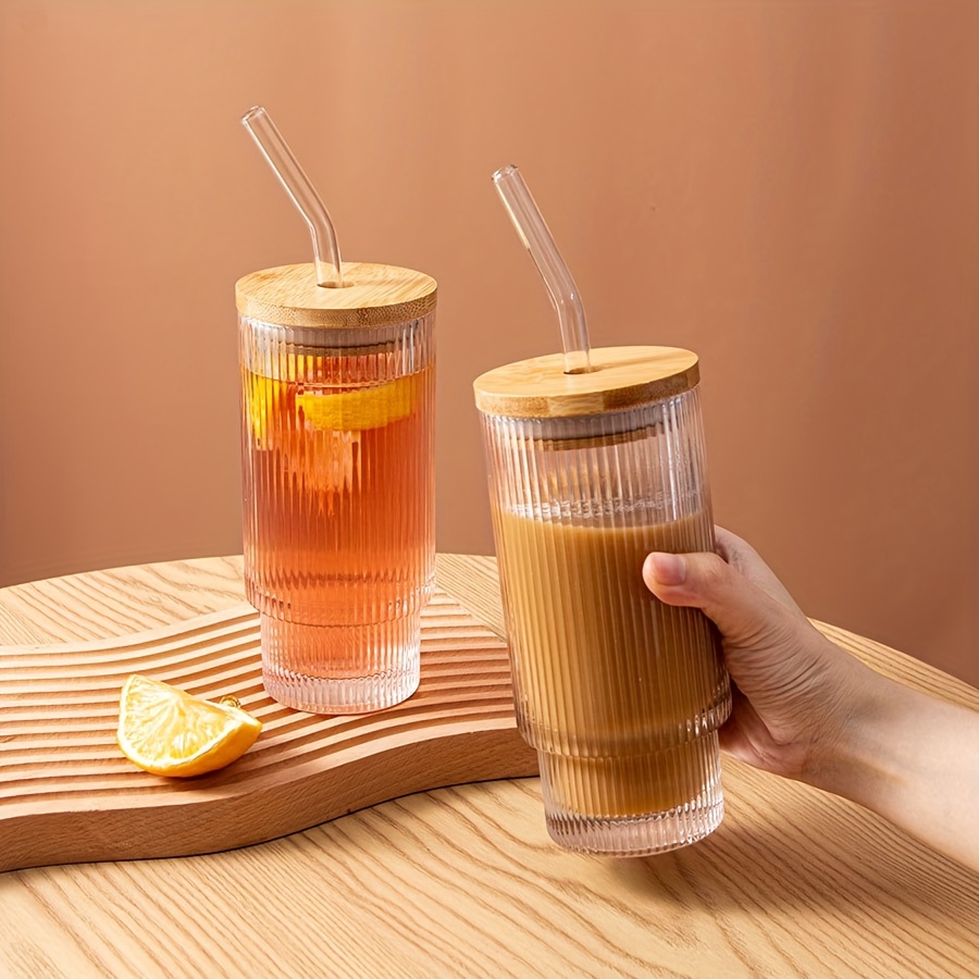 Ribbed Glassware Glass Coffee Cups With Lids And Straw Portable 375ml Iced  Coffee Glass Drinking Cups For Coffee Coocktail Tea