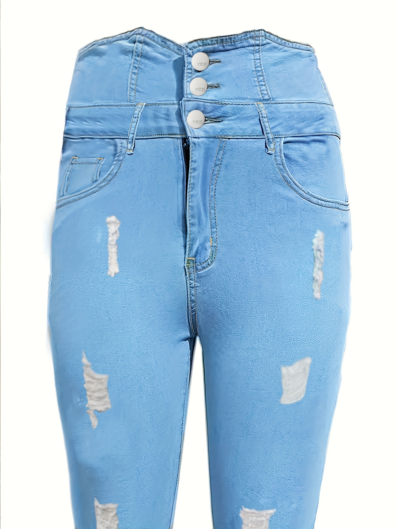 Plus Size Sexy Jeans, Women's Plus Ripped Button Fly High Waisted Stretchy  Slim Fit Jeans