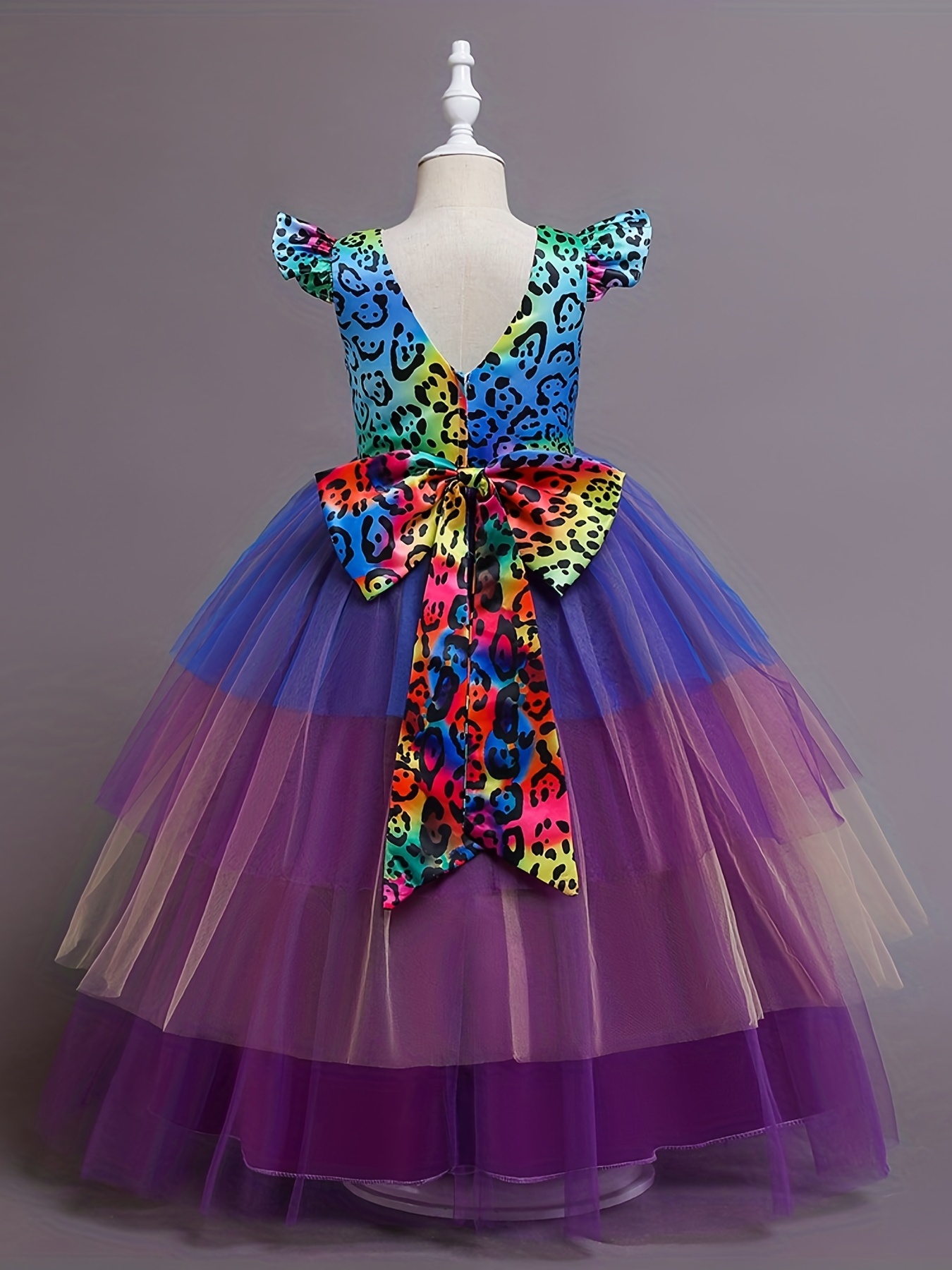 2pcs Ruffled Mesh Dress & Headband Leopard Pattern A Line Dress Halloween