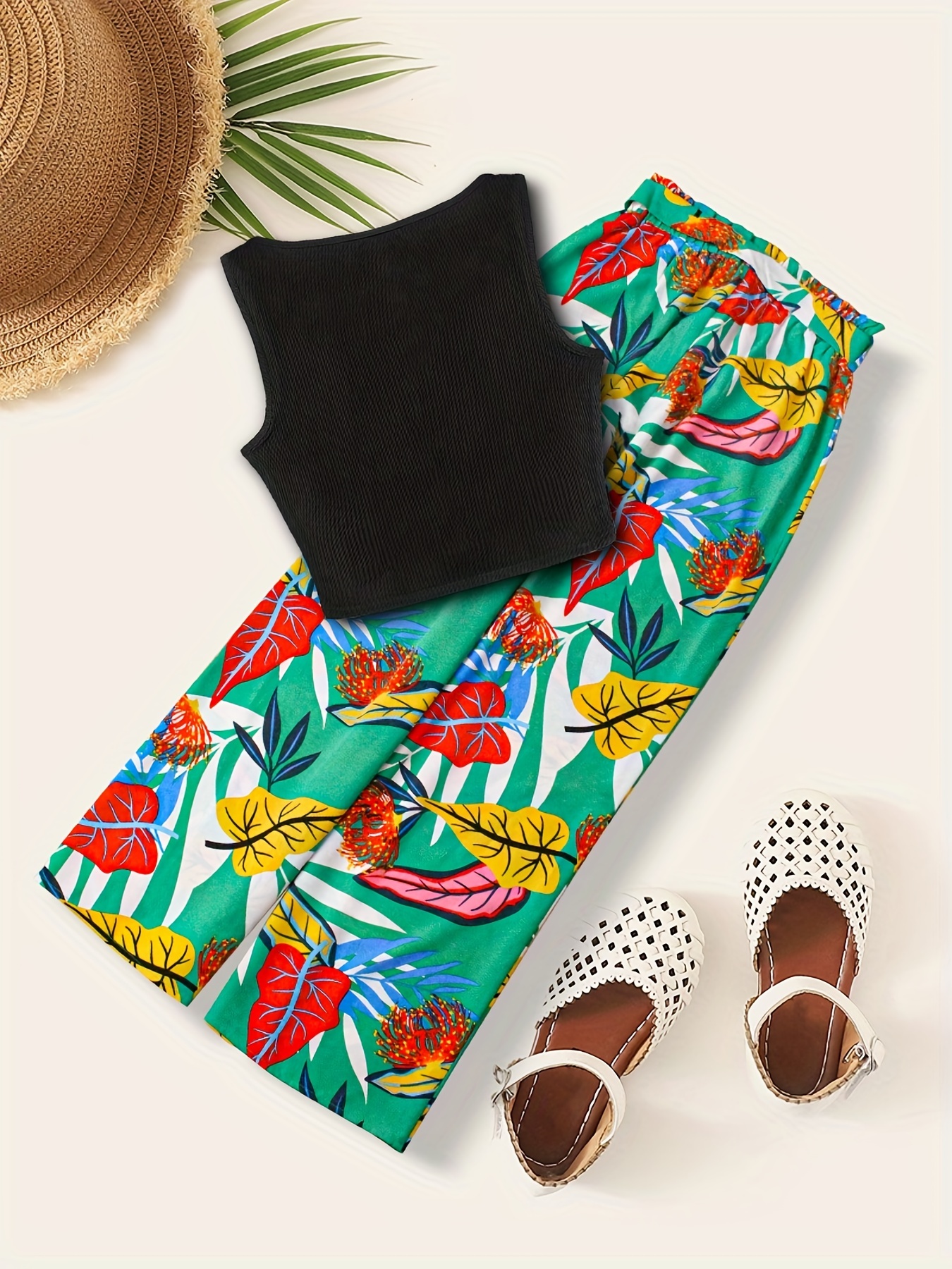 Boho Tank Top & Tropical Print Wide Leg Pants Set