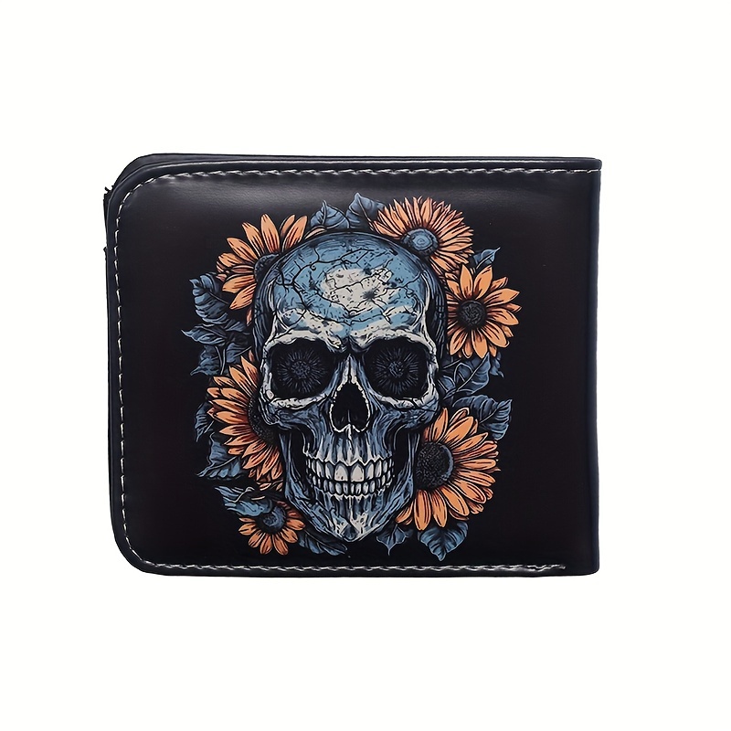 Halloween Skull Floral Pattern Zero Wallet Pu Leather Multi Temu