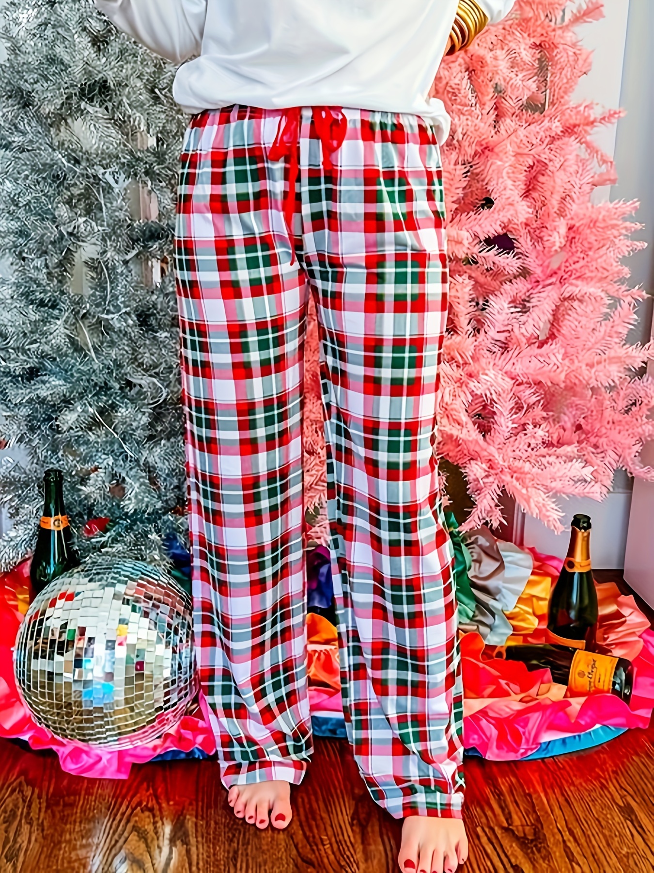 Pantalones de Navidad con estampado de cuadros para mujer, pantalones  casuales, pantalones de pijama