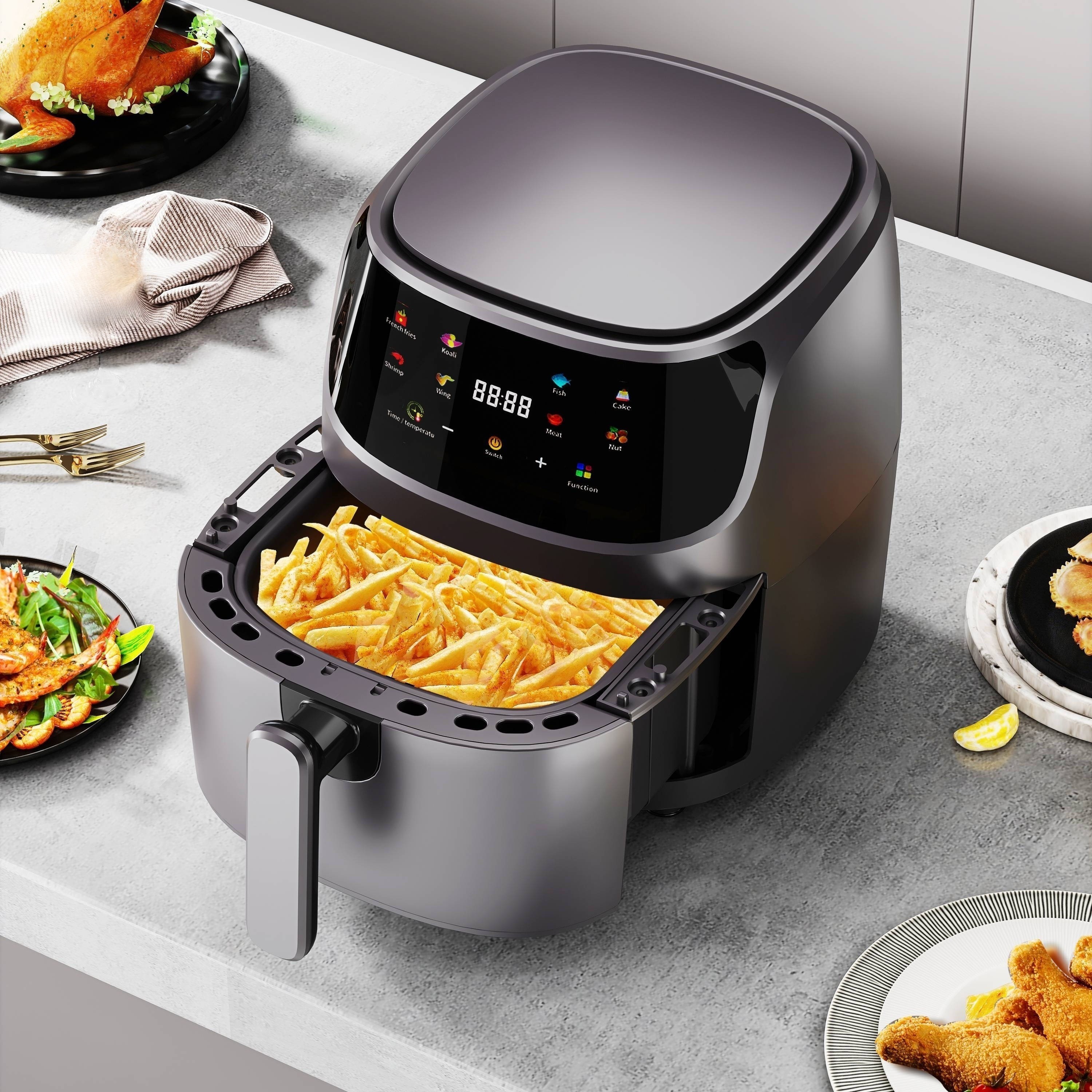 6.3 Qt Large Family Size Greaseless Air Fryer With Digital Temp And Time  Control, Customizable 8 In 1 Functions For Frying, Cooking, Roasting,  Broilin