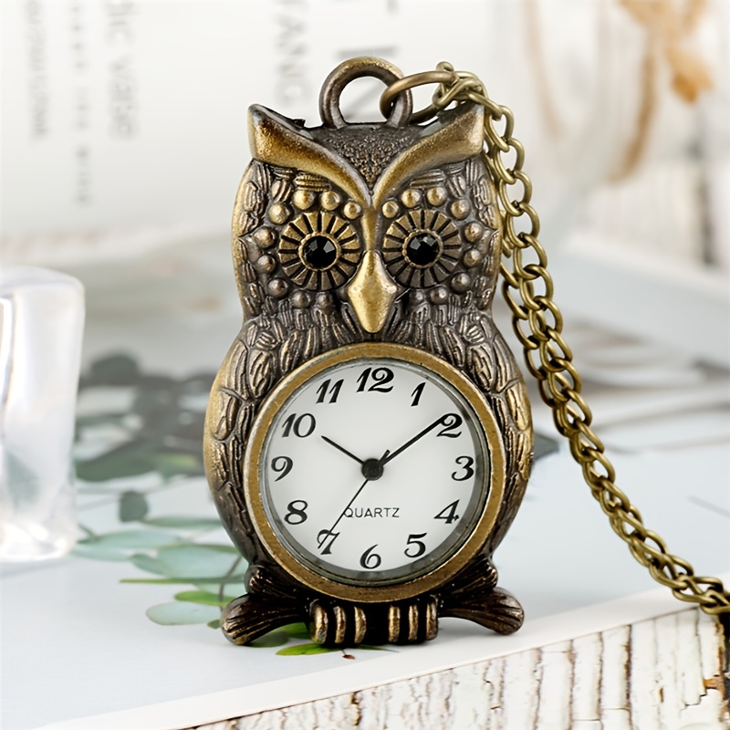 Bronze Owl Pendant Watch - Retro Fob Sweater Chain Necklace Clock