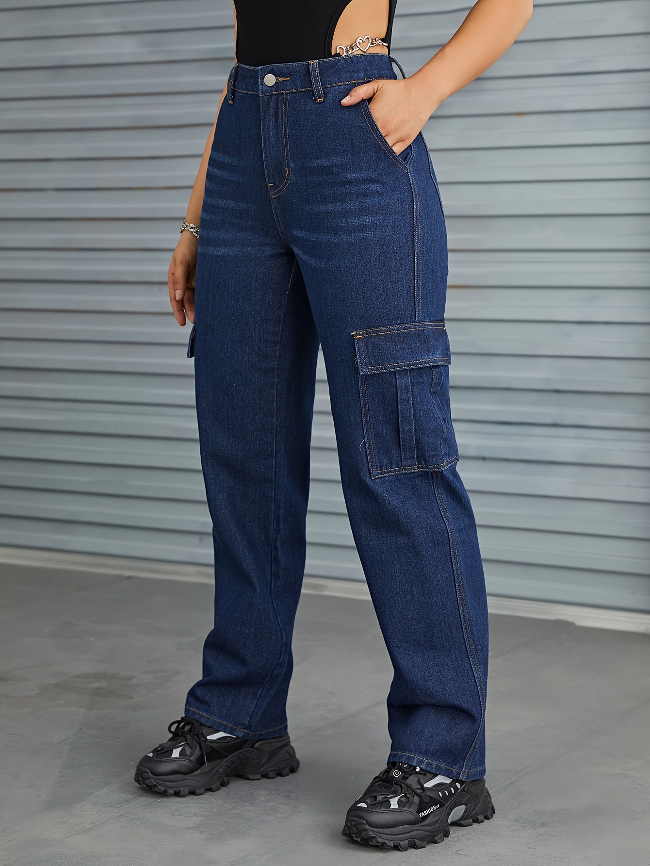 Blue Flap Pockets Cargo Pants Loose Fit Straight Legs High - Temu