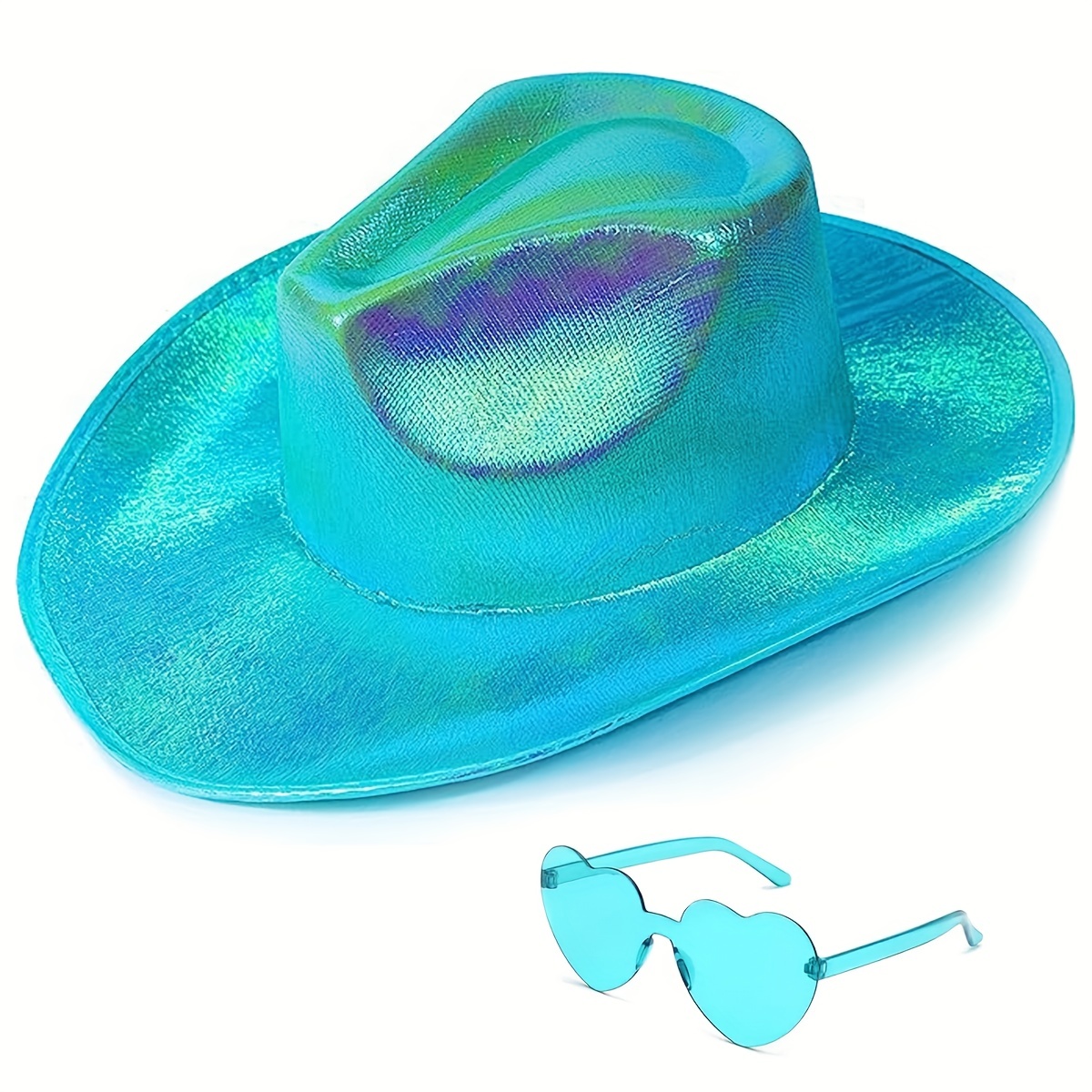 2pcs Set 1pc Laser Cowboy Hat 1pc Heart Shape Sunglasses Y2k - Temu