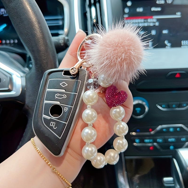 Fluffy Ball Keychain with Pearls Rhinestones Inlay Key Chain for Womens Bag  / Cellphone / Car Pendant (Light Green)