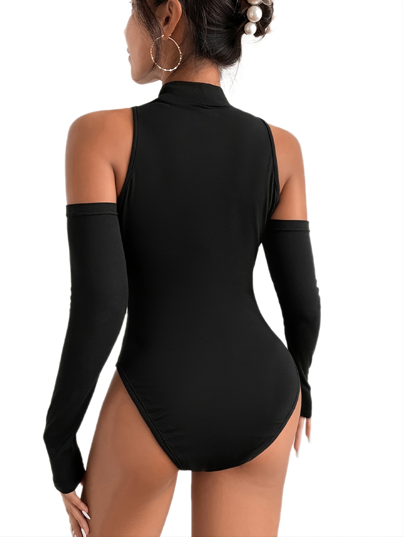 Black Shoulder Sexy Bodysuit Women Long Sleeve