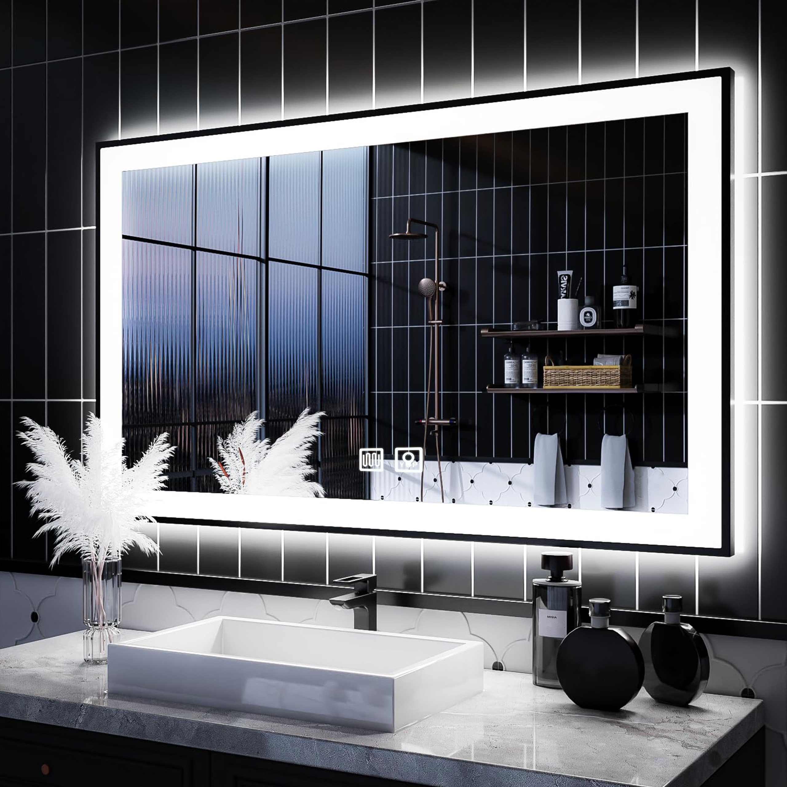 Espejo de baño Rectangular vertical, luz LED inteligente ajustable
