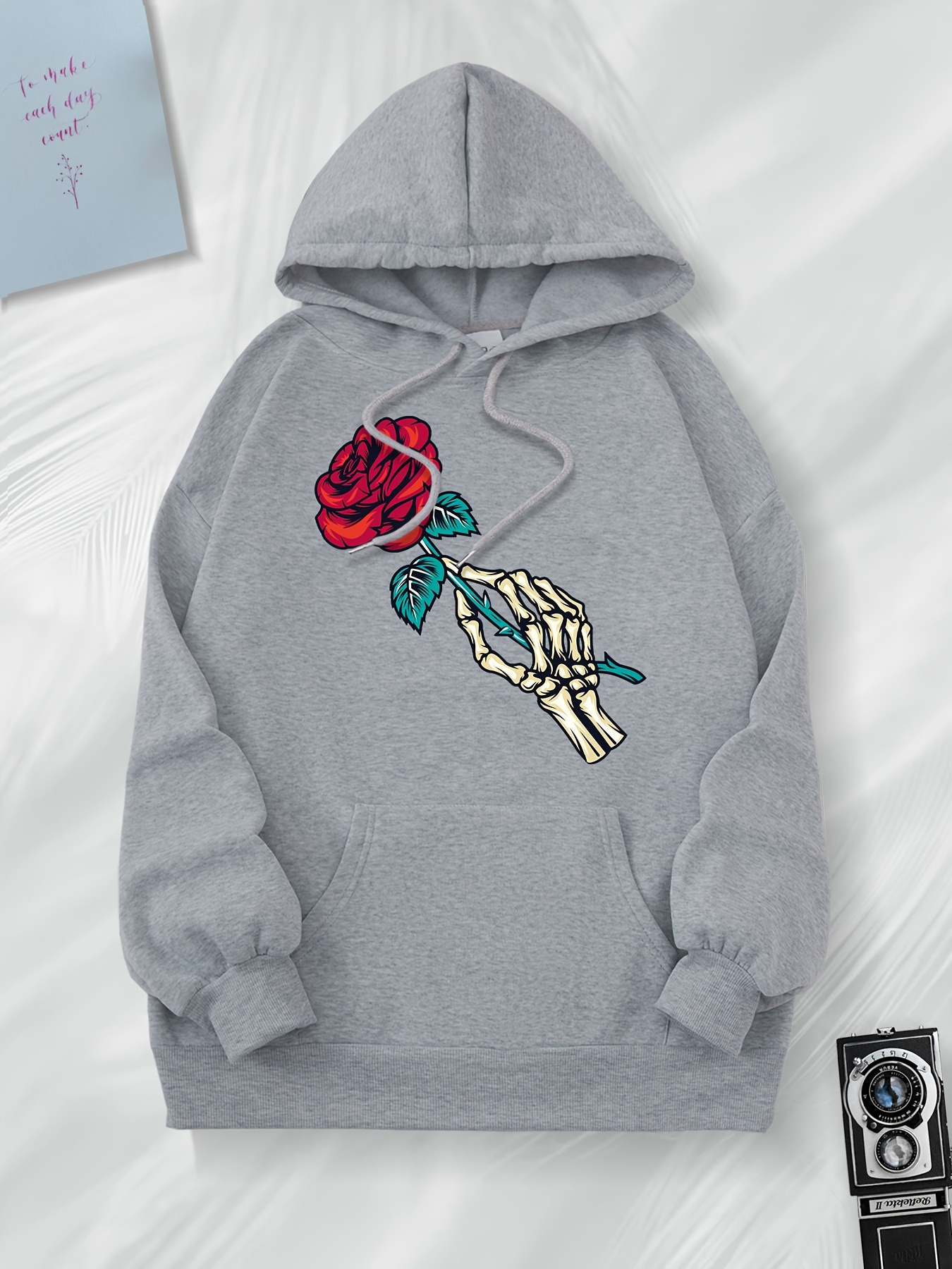 Rose print drawstring store hoodie