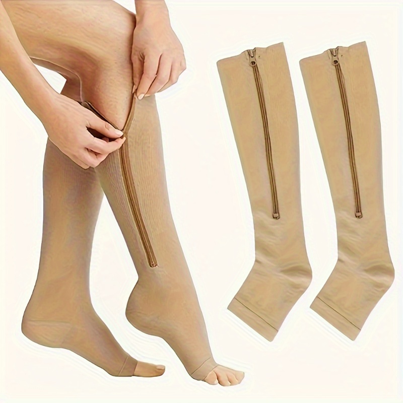  2 Pairs Compression Socks Toe Open Leg Support Knee High  Socks Zipper Nude