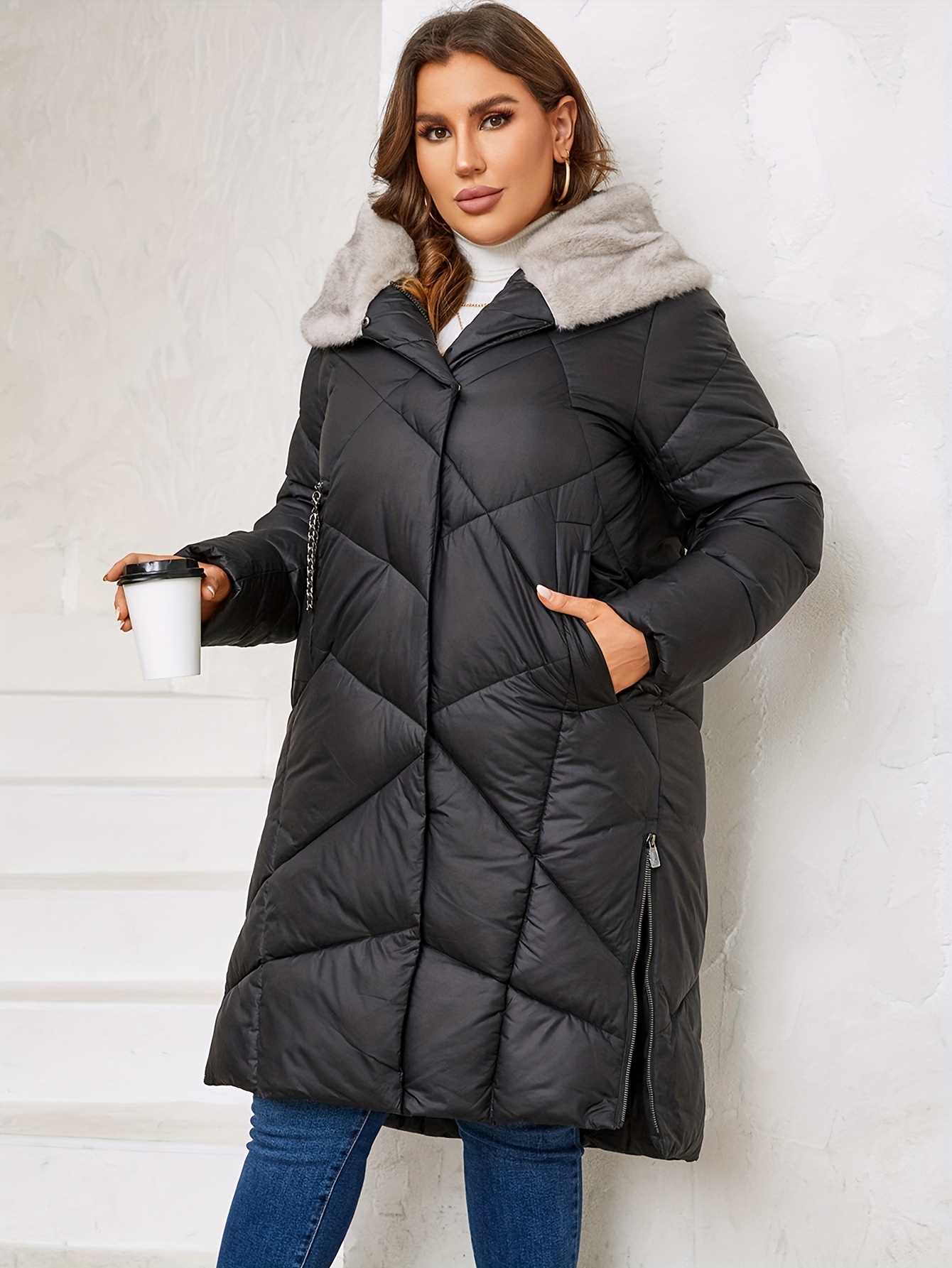 plus size elegant winter coat womens plus solid quilted zip up snap buttons long sleeve hoodie longline puffer coat with pockets
