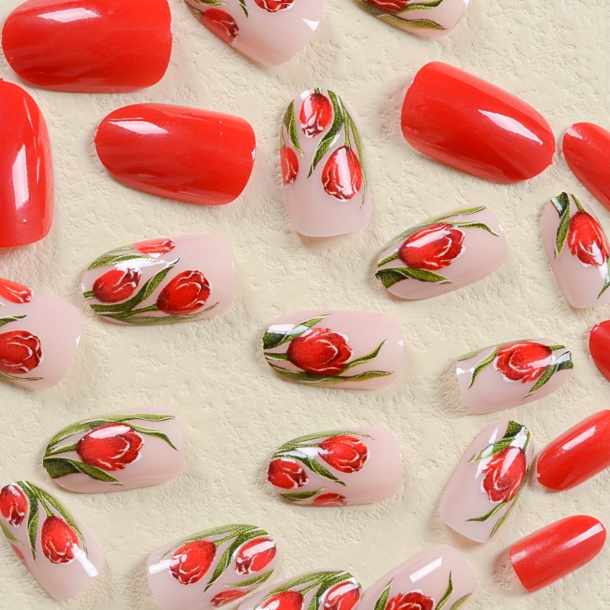 24pcs valentines day press on nails medium long almond press on nails red false nails red rose pattern full cover fake nail kit for women girls spring nail decor details 3