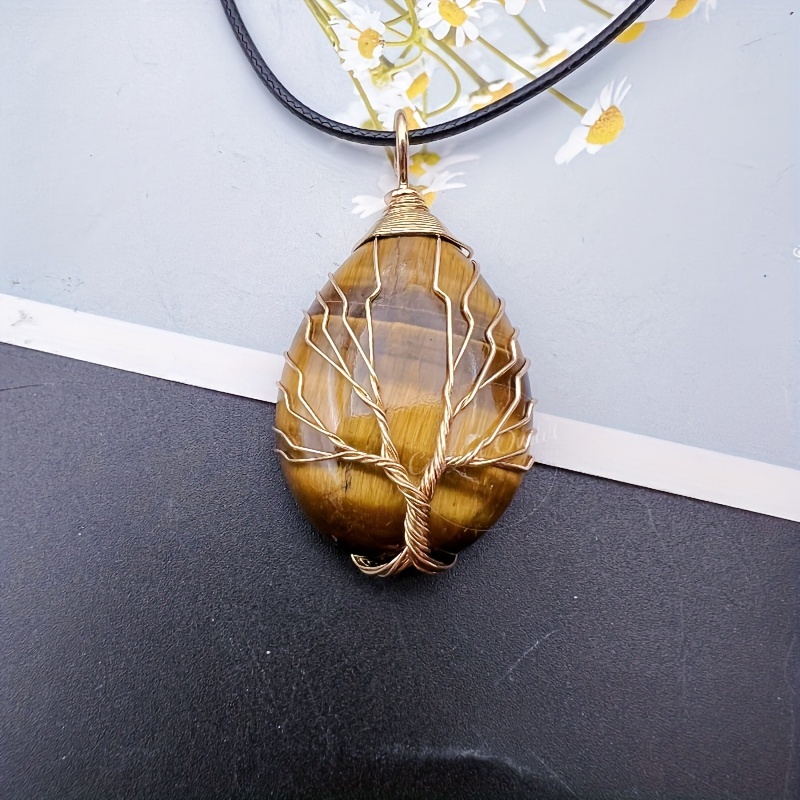 1pc natural       tree of   pendant necklace black faux leather     jewelry gifts for women men 1pc tiger eye 19