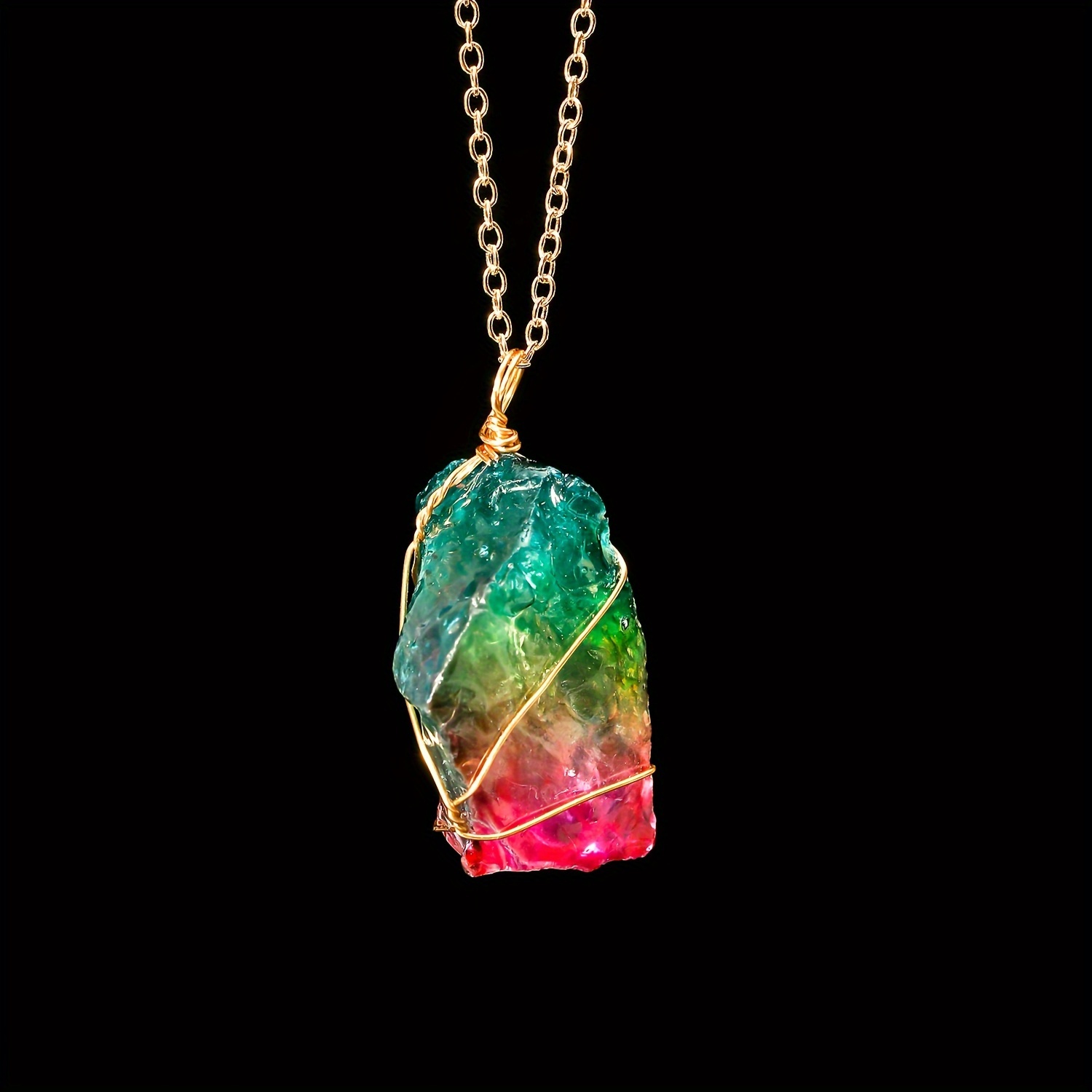 Rainbow Stone Natural Crystal Rock Necklace Gold Plated Quartz Pendant
