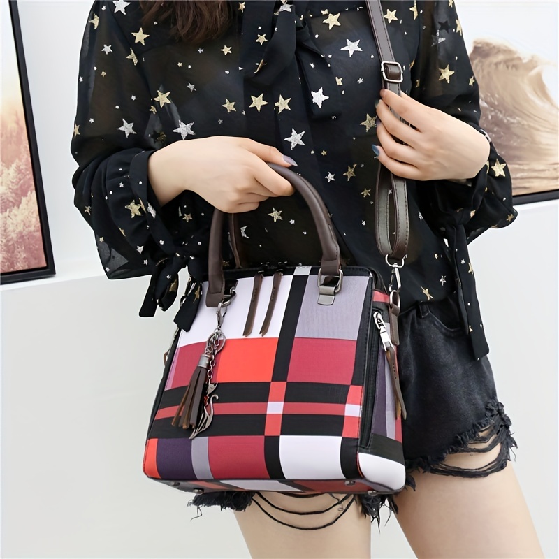 Plaid Pattern Tote Bag Set For Women, Fashion Colorblock Handbag