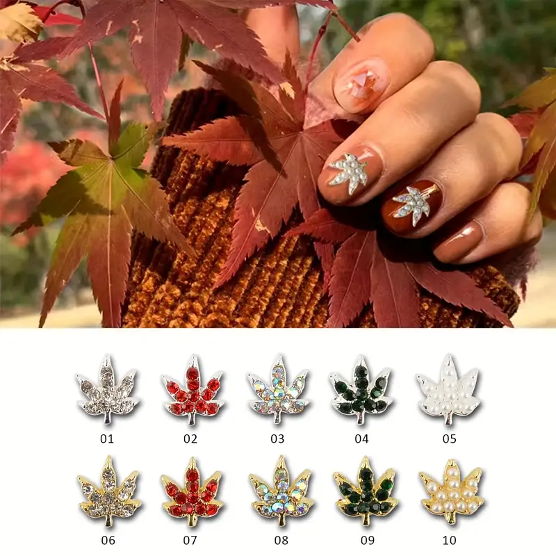 3d Fall Maple Leaf Rhinestone Pearl Nail Charms 10 Colors - Temu