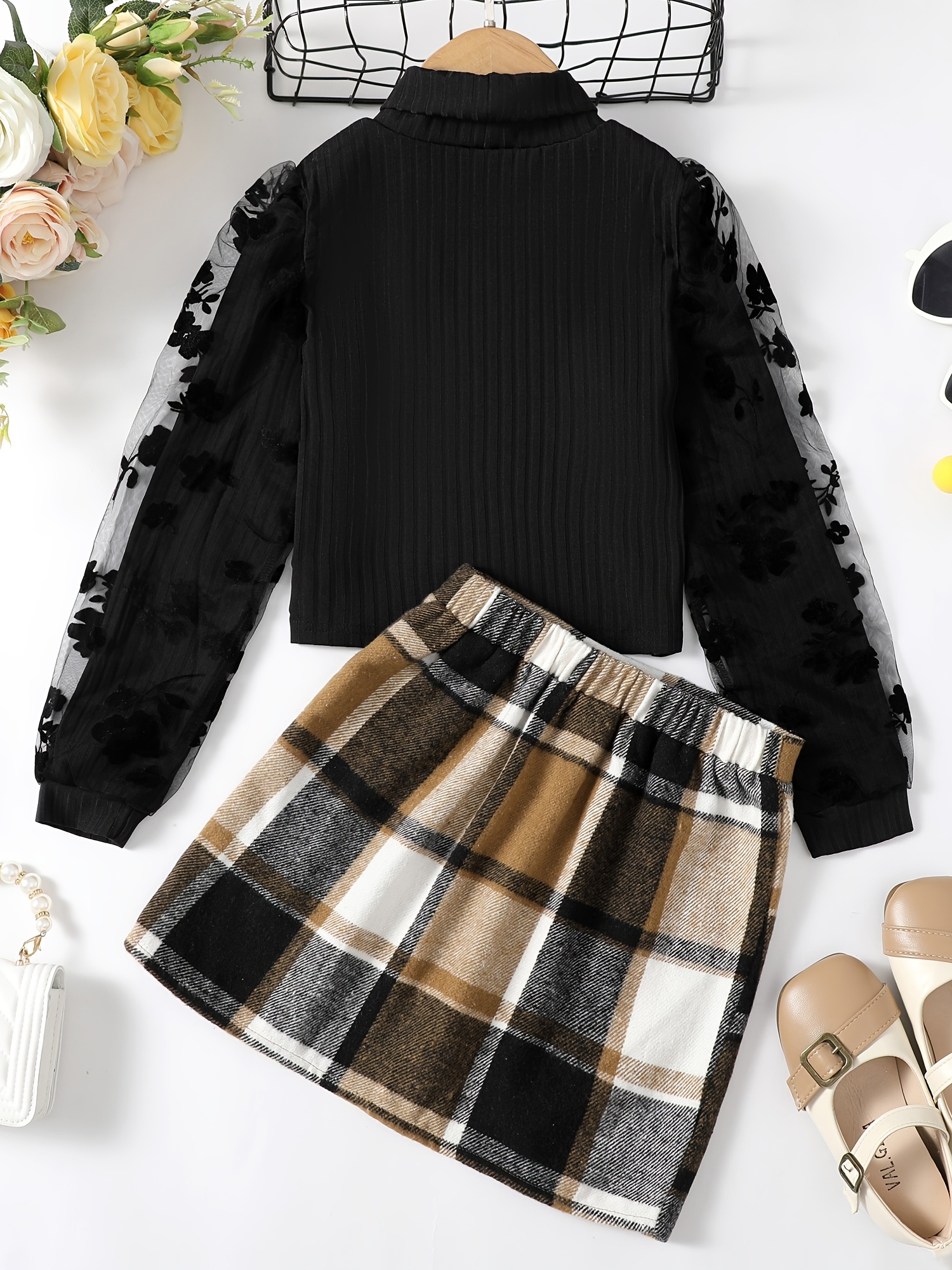 Girls Ribbed Knitted Turtleneck Long Sleeve Top + Plaid Skirt Set