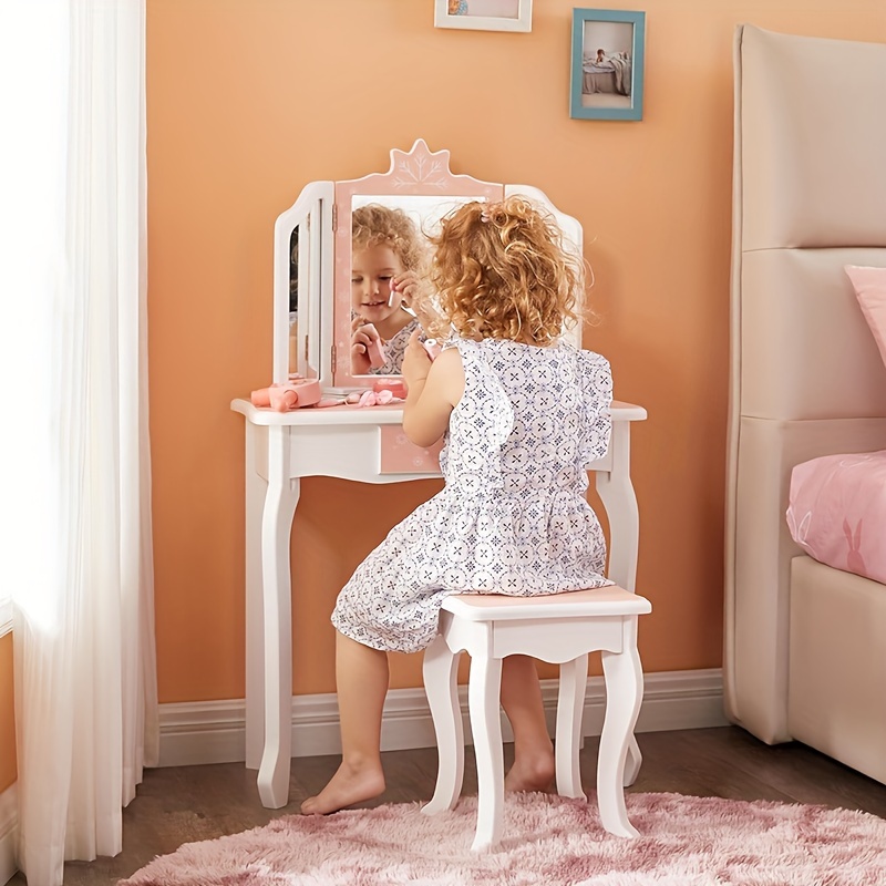 1pc Kids Vanity Table & Stool Set, Girls Vanity Set With Detachable  Tri-Folding Mirror And Drawer, 2 In 1 Princess Makeup Dressing Table And  Writing D