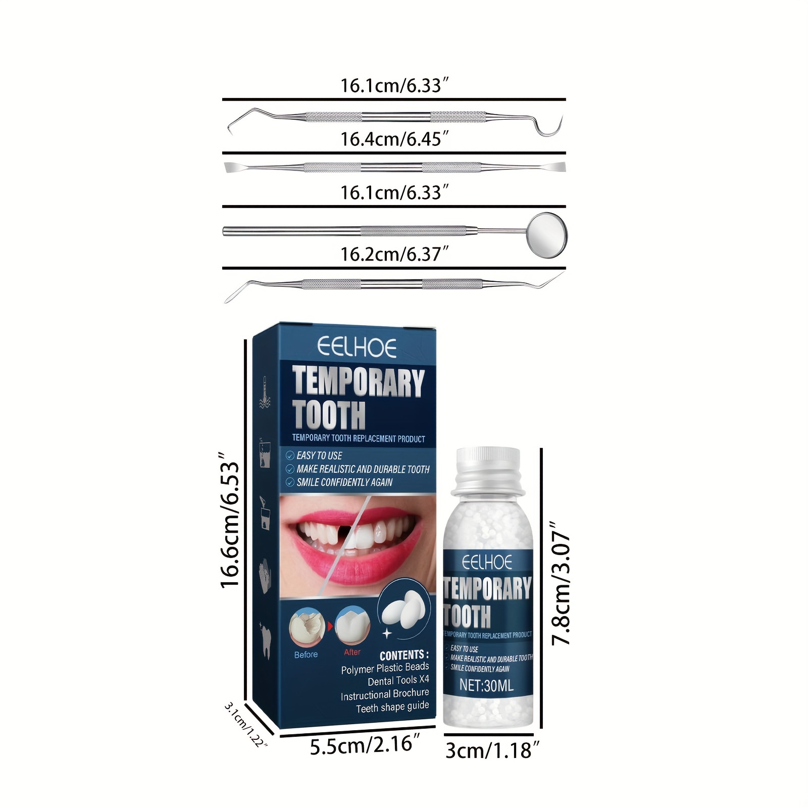 30ml Teeth Repair Kit Temporary Solid Tooth Hole Repair Materials Practical  Unisex Adults with 4 Dental Tools Tooth Beauty Tool