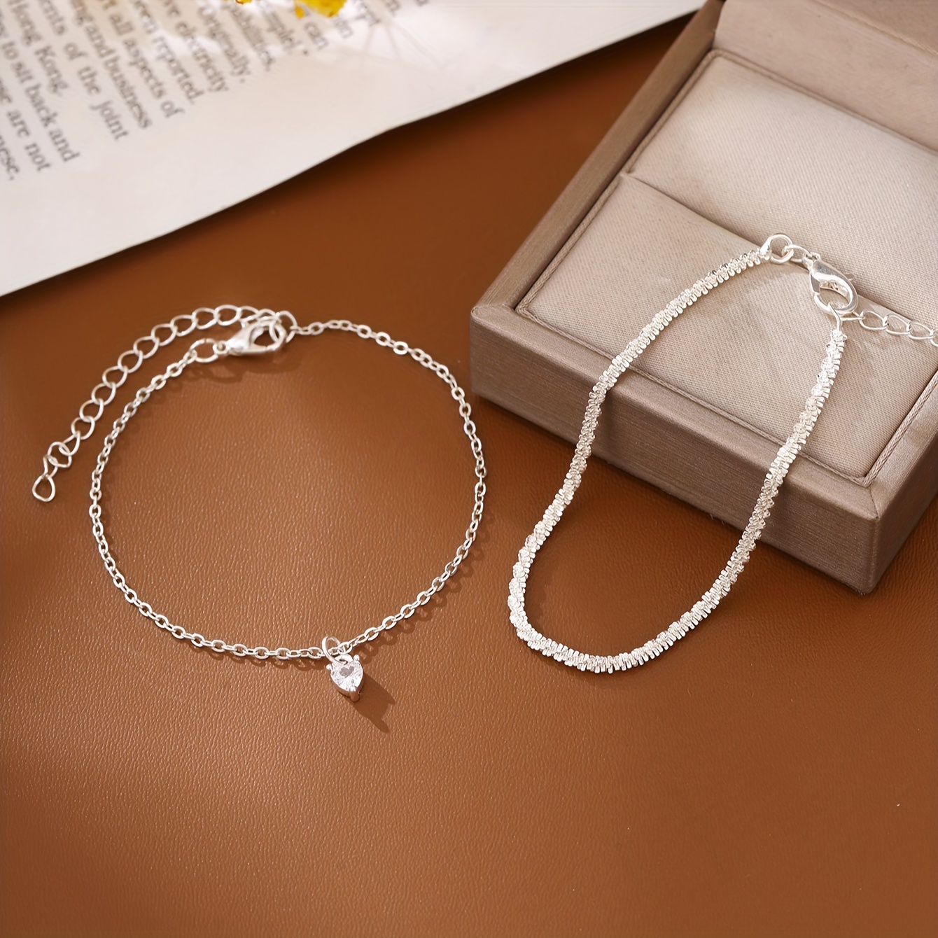 2pcs Love Heart Pendant Chain Bracelet Stackable Hand Chain Jewelry