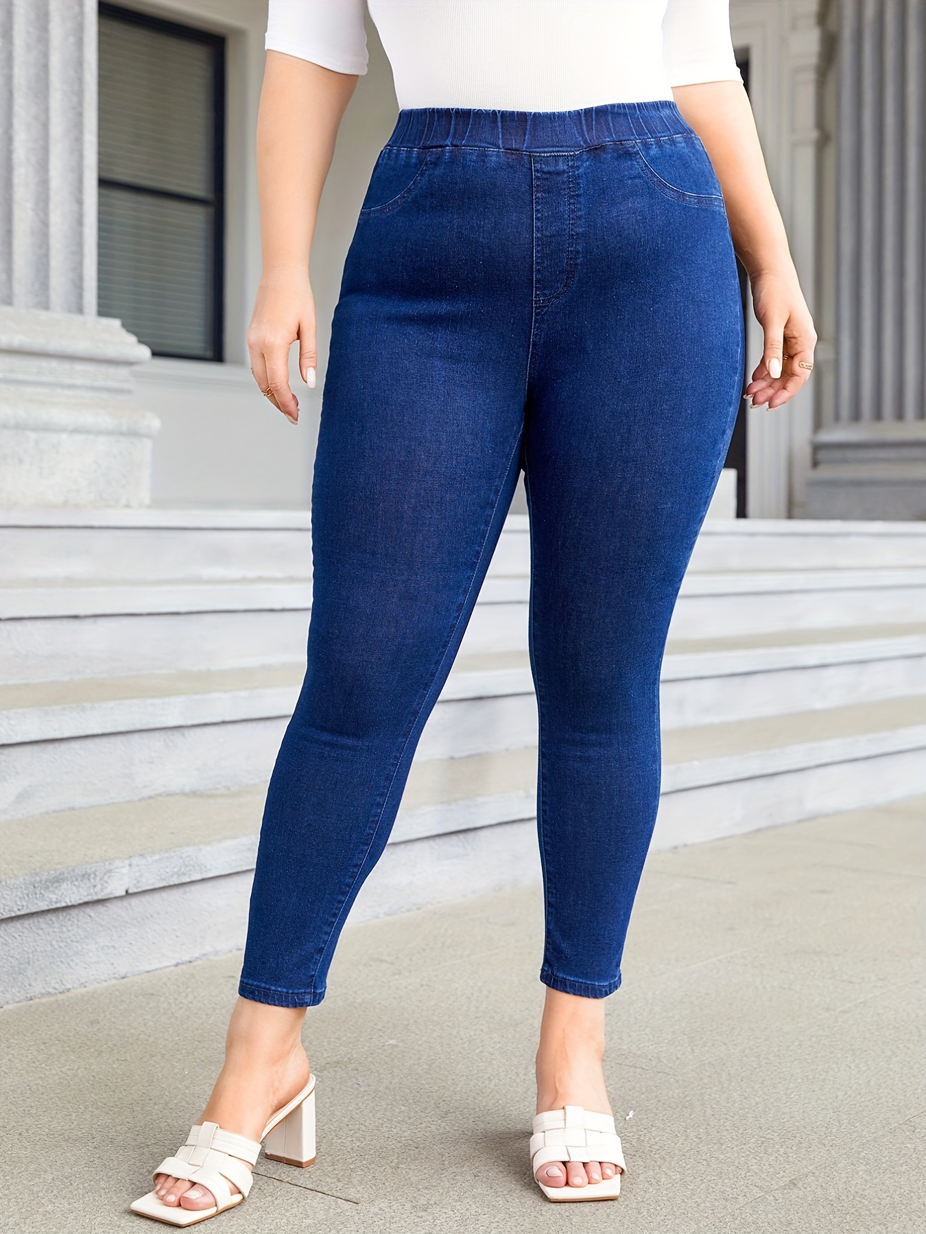 Plus Size Basic Jeans, Women's Plus Elastic Waist Solid High Stretch Skinny  Jeans