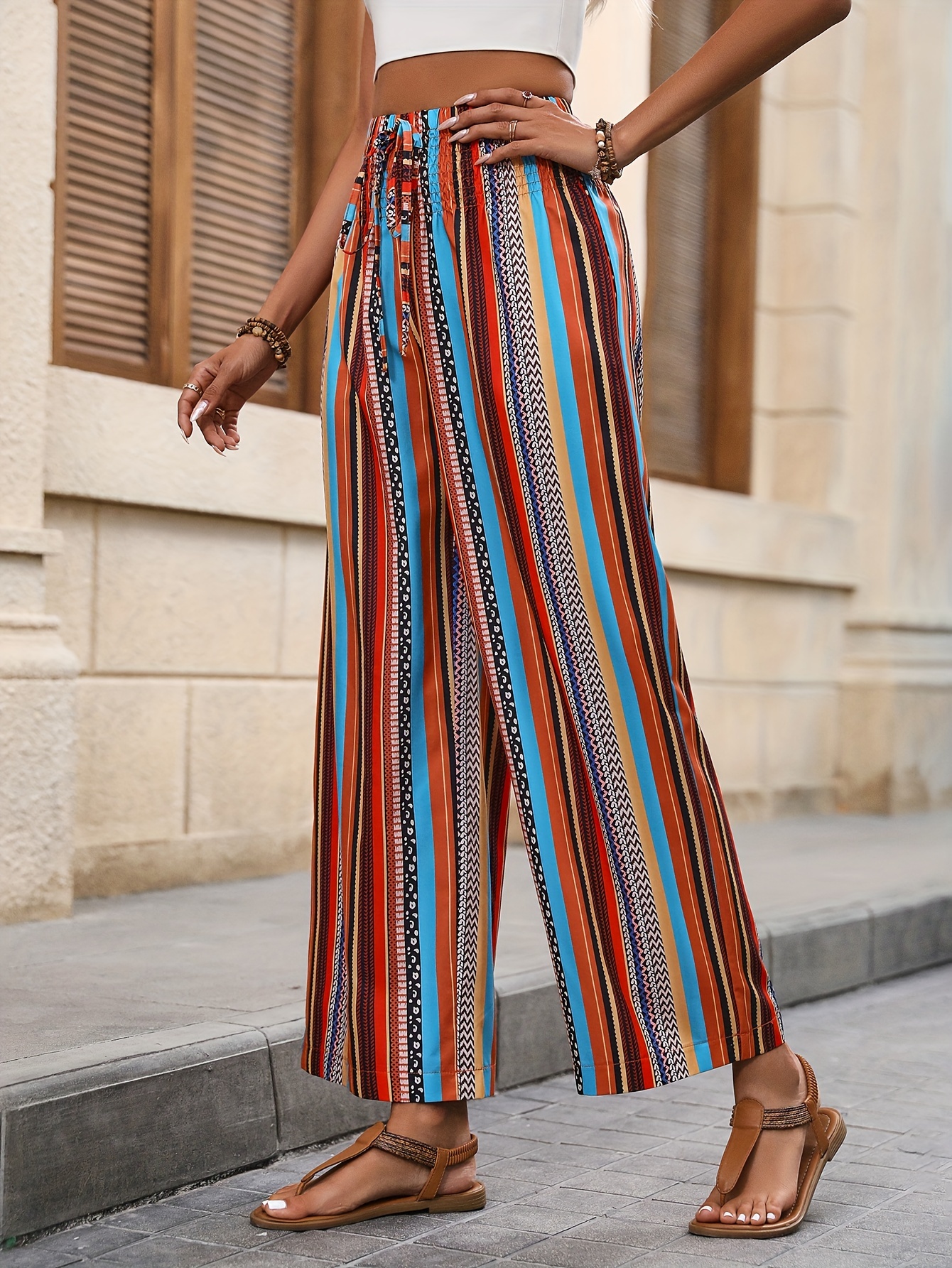 Solid Draped Wide Leg Pants, Casual High Waist Pants For Spring & Summer,  Women's Clothing