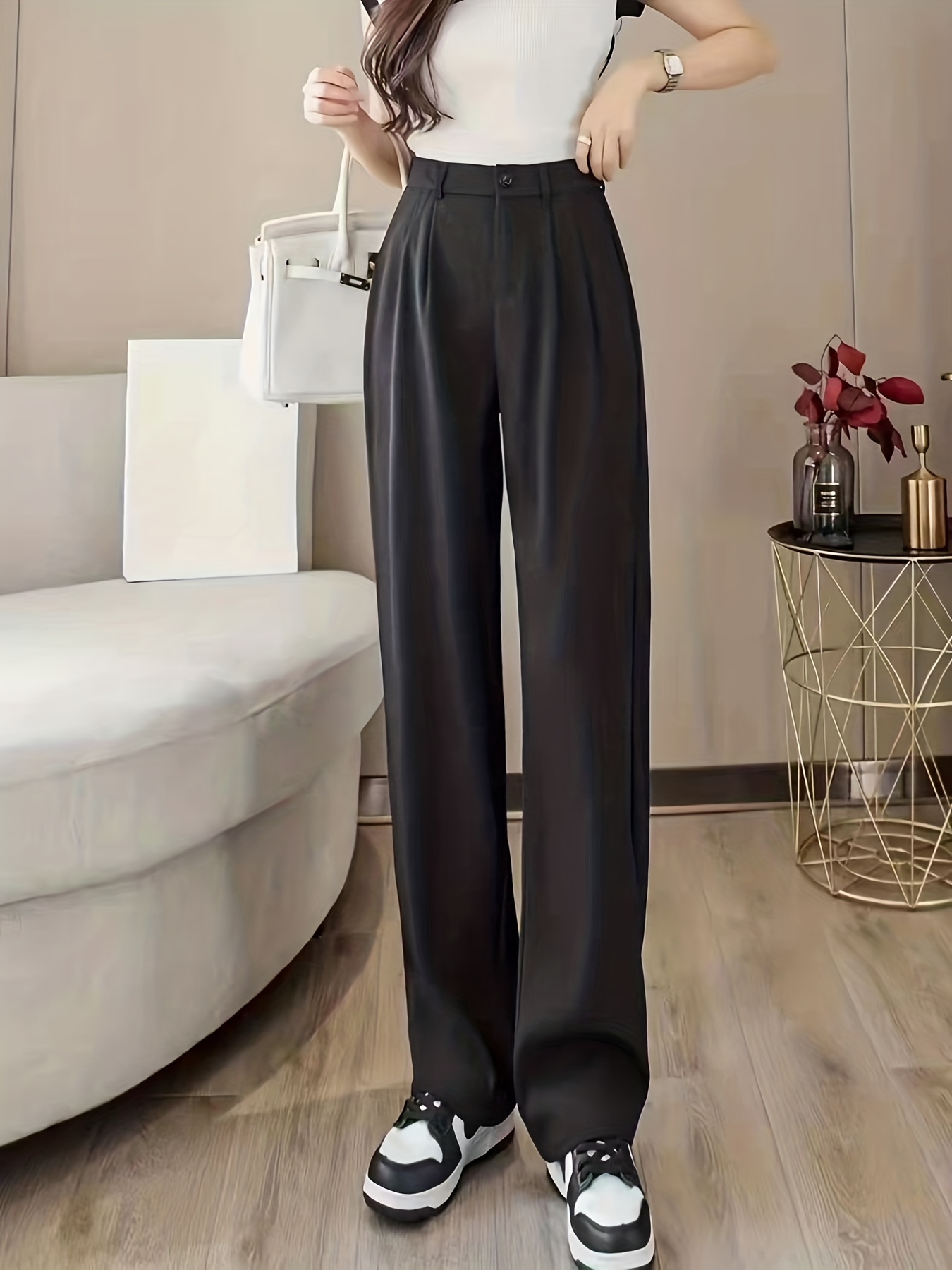 Straight Leg Trouser, High Waist Casual Pants for Spring & Fall