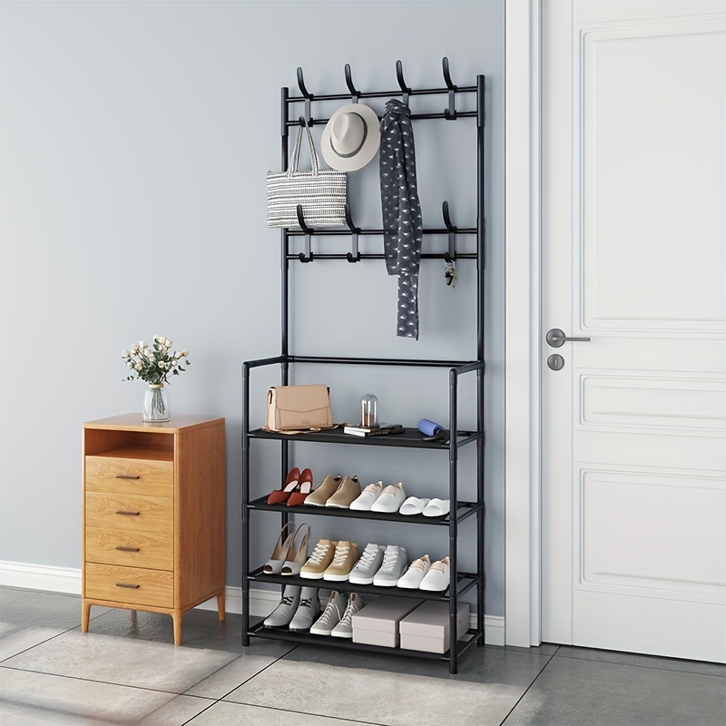 Space-saving Black Metal Shoe Rack With Hooks For Entryway Organization And  Storage - Temu