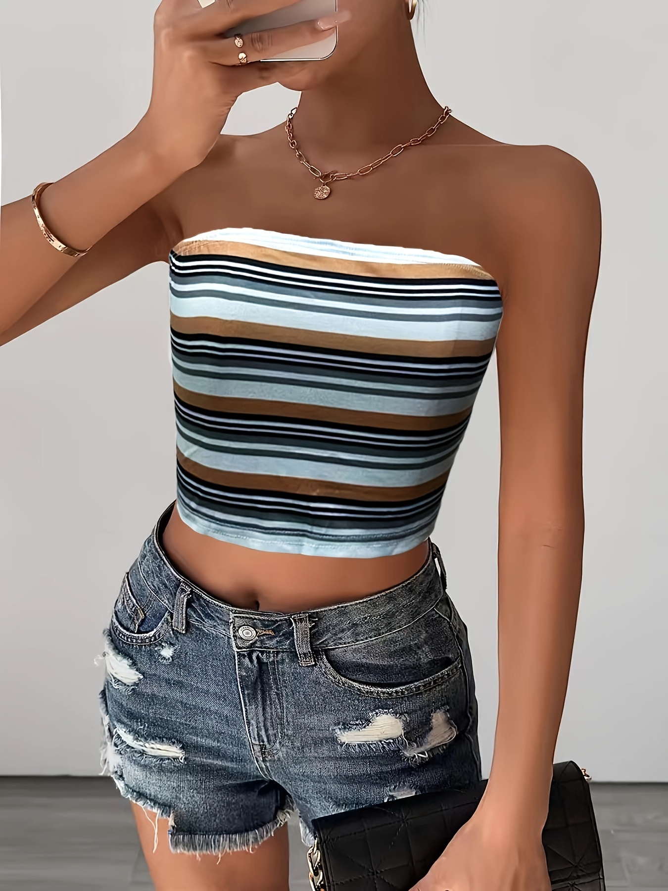 Striped Tube Tops, Casual Strapless Top For Beach, Women's Clothing