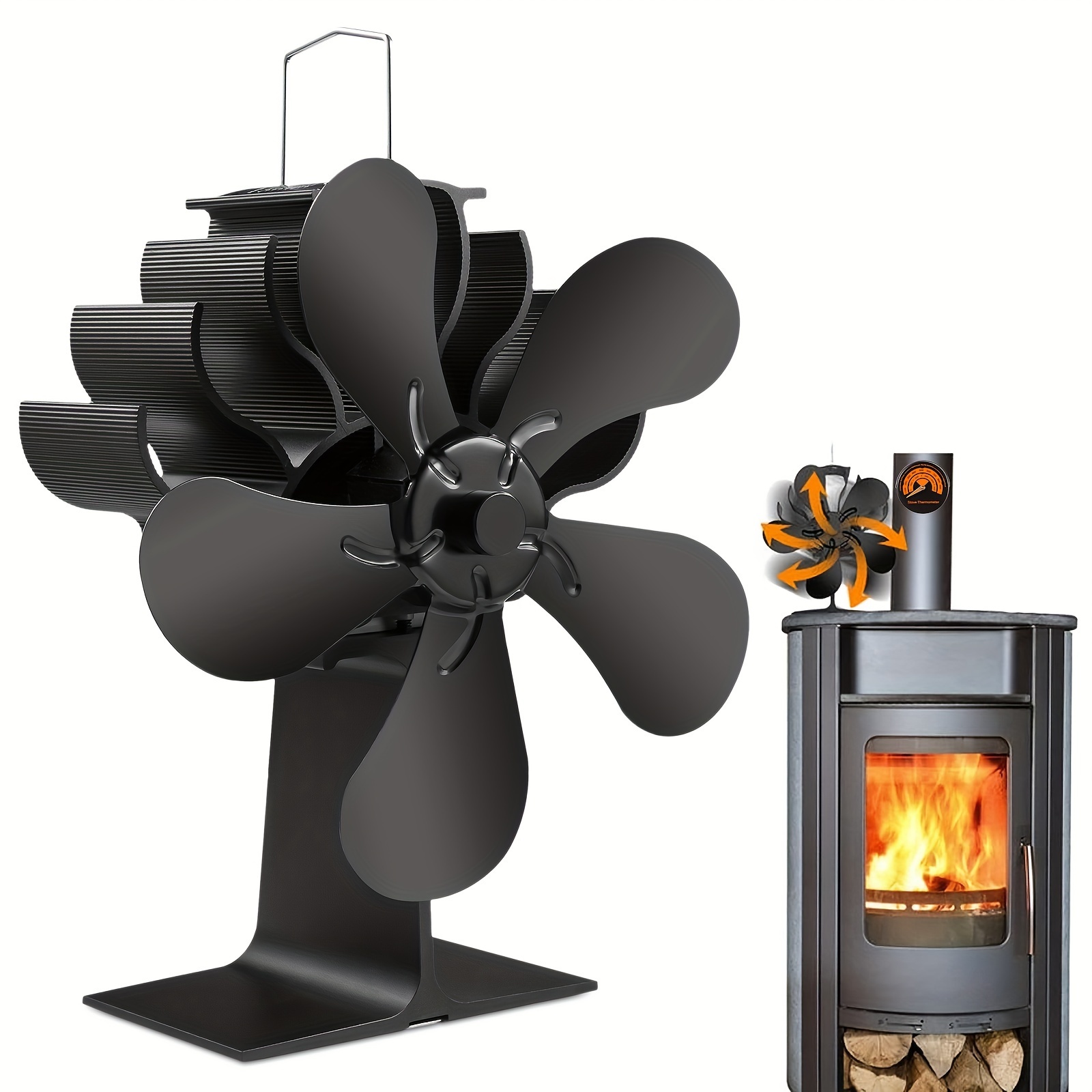 Hanaoyo Wood Stove Fan, 6 Blades Wood Stove Fan Heat Powered, Fireplace Fan  with Magnetic Thermometer, Wood Stove Accessories, Non Electric Fan for