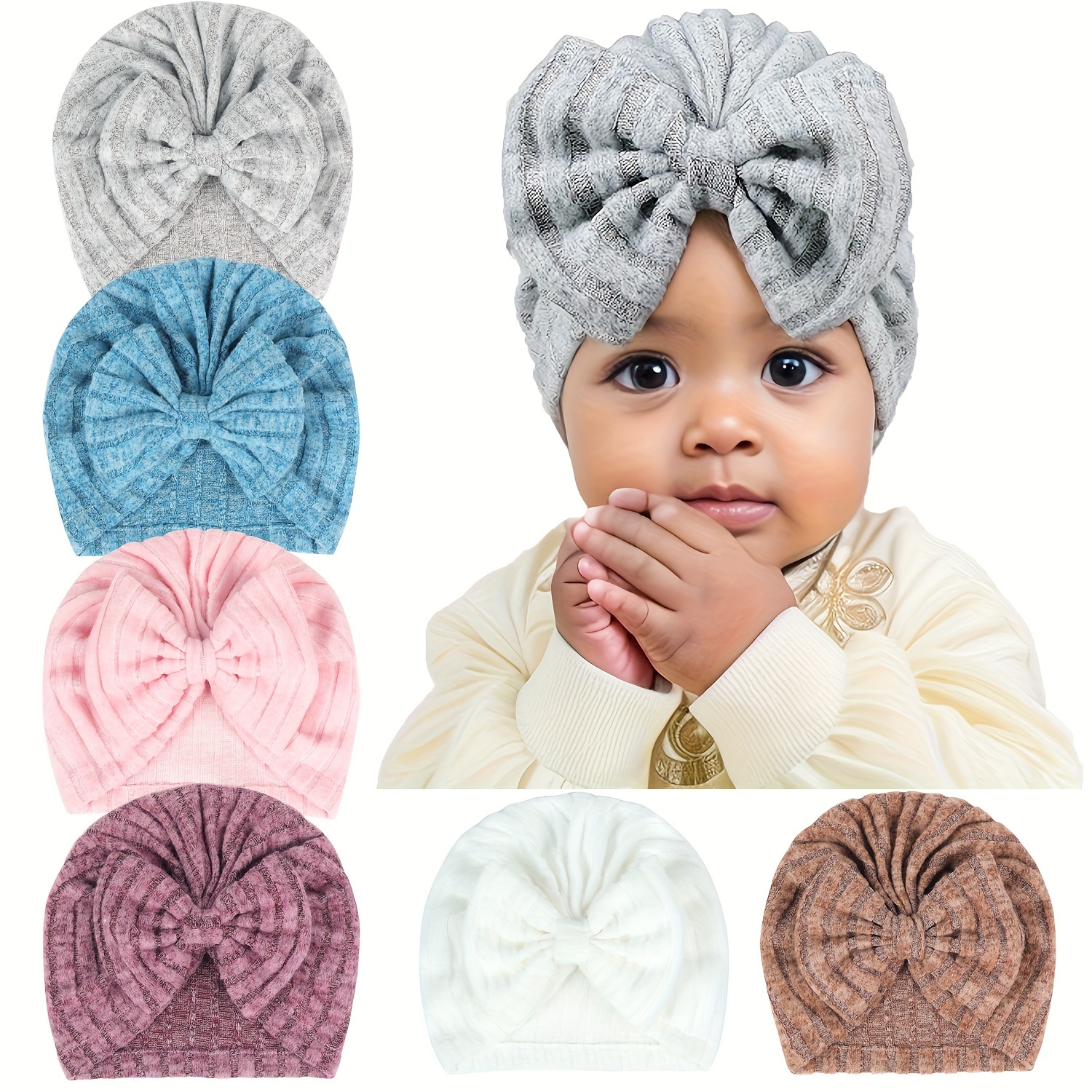 

3pcs Warm Bow Hats For Newborns And Infants - Solid Colors, Stripes, And Frayed Design - Perfect For Baby Girls And Boys