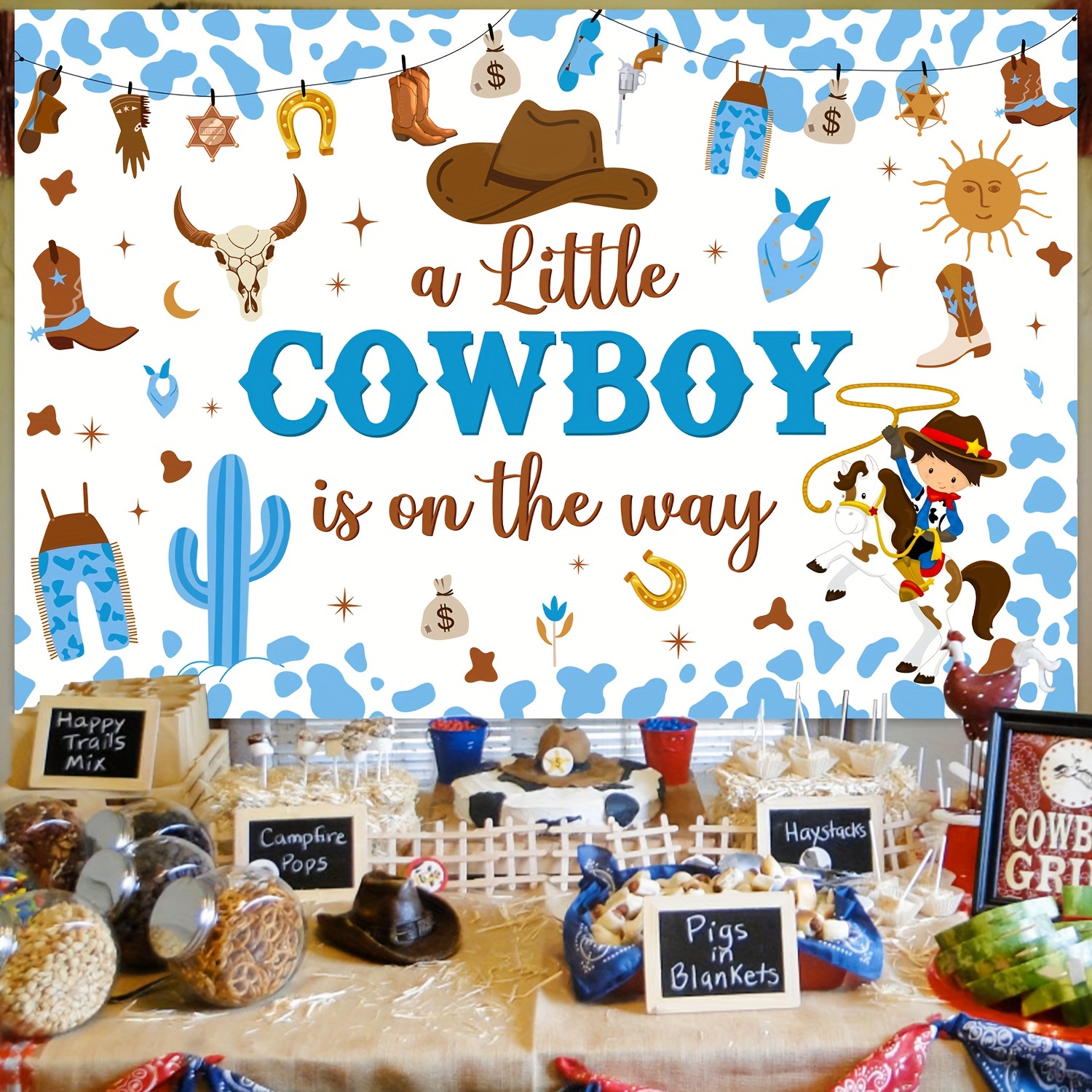 JOYMEMO Cowboy Theme Baby Shower Decorations Brown - Western Cowboy Balloon  Garland Kit, A Little Cowboy is On The Way Backdrop for Baby Boy Wild West