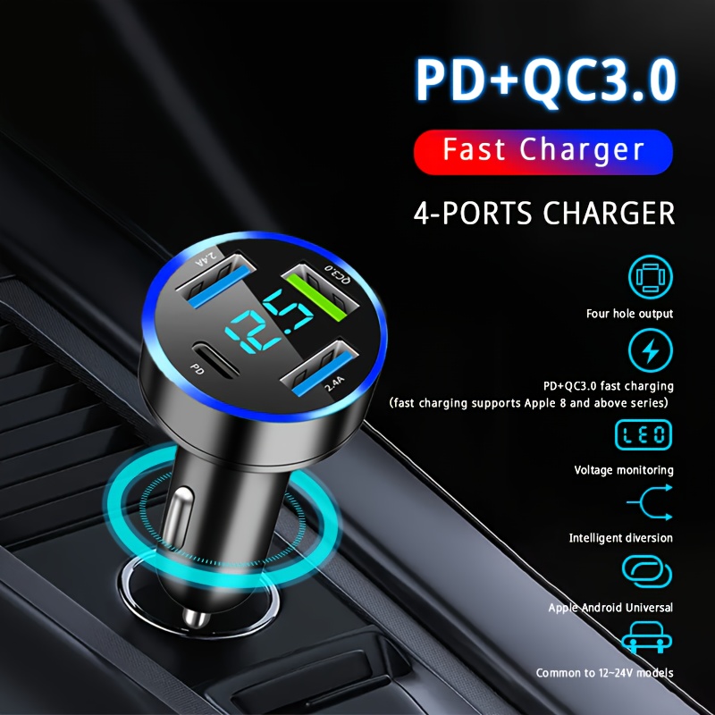 120W Car Charger Fast Charging 4 Usb Digital Display Car Fast Charger  4-in-1 PD Mobile Phone Charging Head 7AQC3.0 Car Phone Adapter Car  Accessories