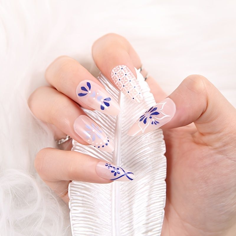 Press On Nails Medium Clear Almond Fake Nails With Blue Flower Design French Tips Nails Glossy Full Cover Acrylic Nails For Women And Girls - Beauty & Personal Care - Temu Press On Nails Medium Clear Almond Fake Nails With Blue Flower Design French Tips Nails Glossy Full Cover Acrylic Nails For Women And Girls - Beauty & Personal Care - Temu