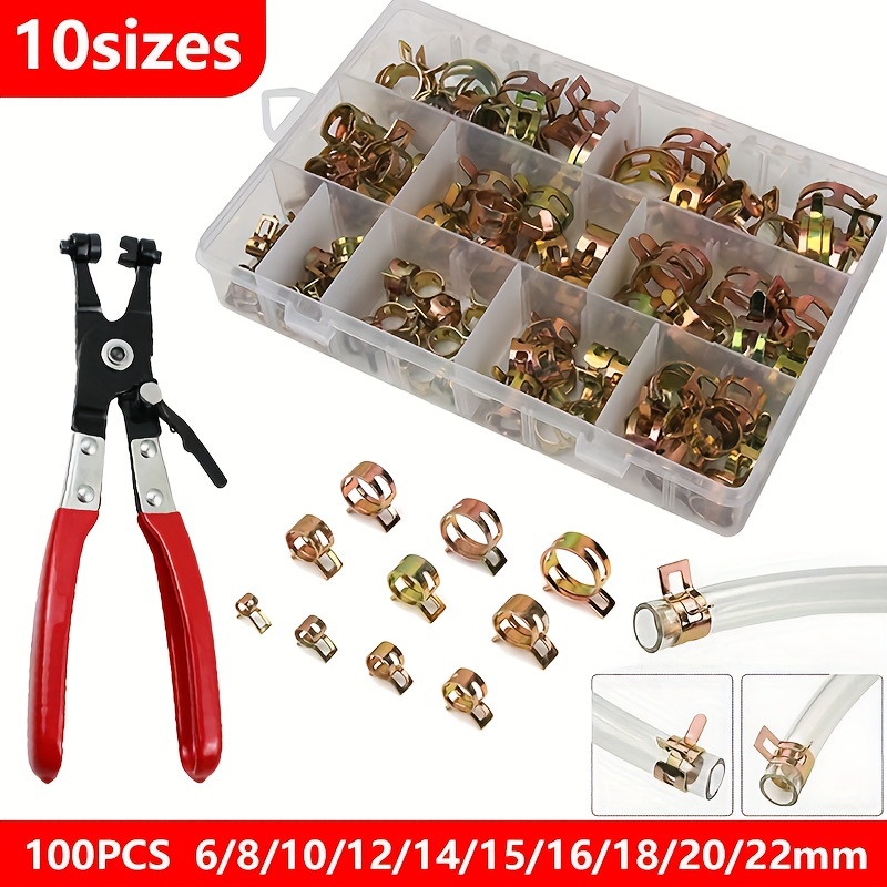 100pcs Plier Zinc Plated Spring Fuel Oil Water Hose Clip Band Clamp Metal Fastener Assortment Kit