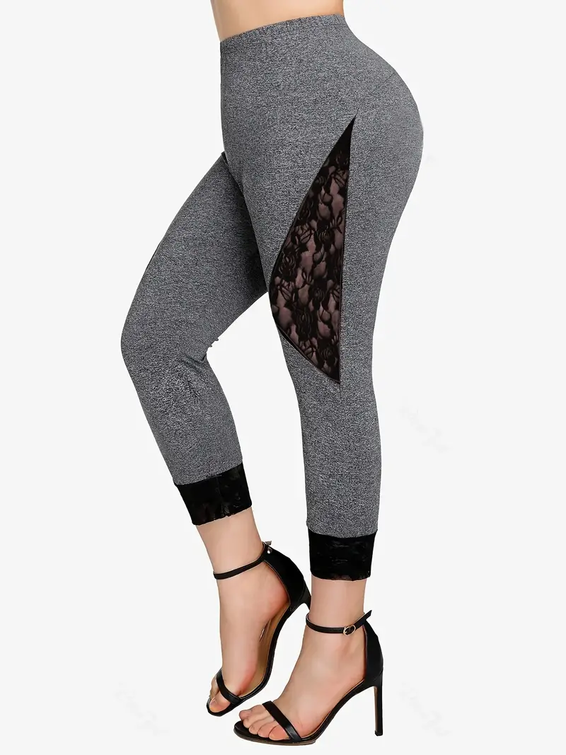 Plus Size Casual Pants, Women's Plus Contrast Lace High Rise High Stretch  Skinny Leggings