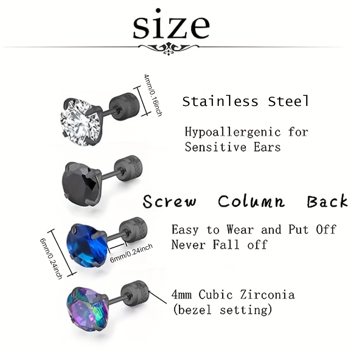 4 Pairs Stainless Steel Cubic Zirconia Stud Earrings for Men