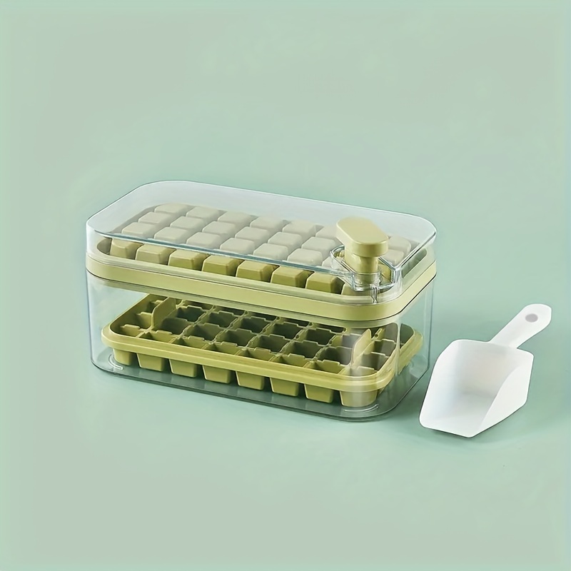GROFRY 1 Set Ice Cube Tray Single/Double Layer Multiple Grids Press Button  Design Silicone Ice Mold Tray Storage Box with Shovel Kitchen Tool,Green  Dual Layer 